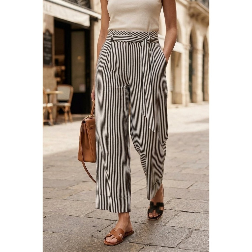 AYR Mirage Pants Women 6 (30x25) B/W Striped 100% Silk Wide Leg Tie Waist